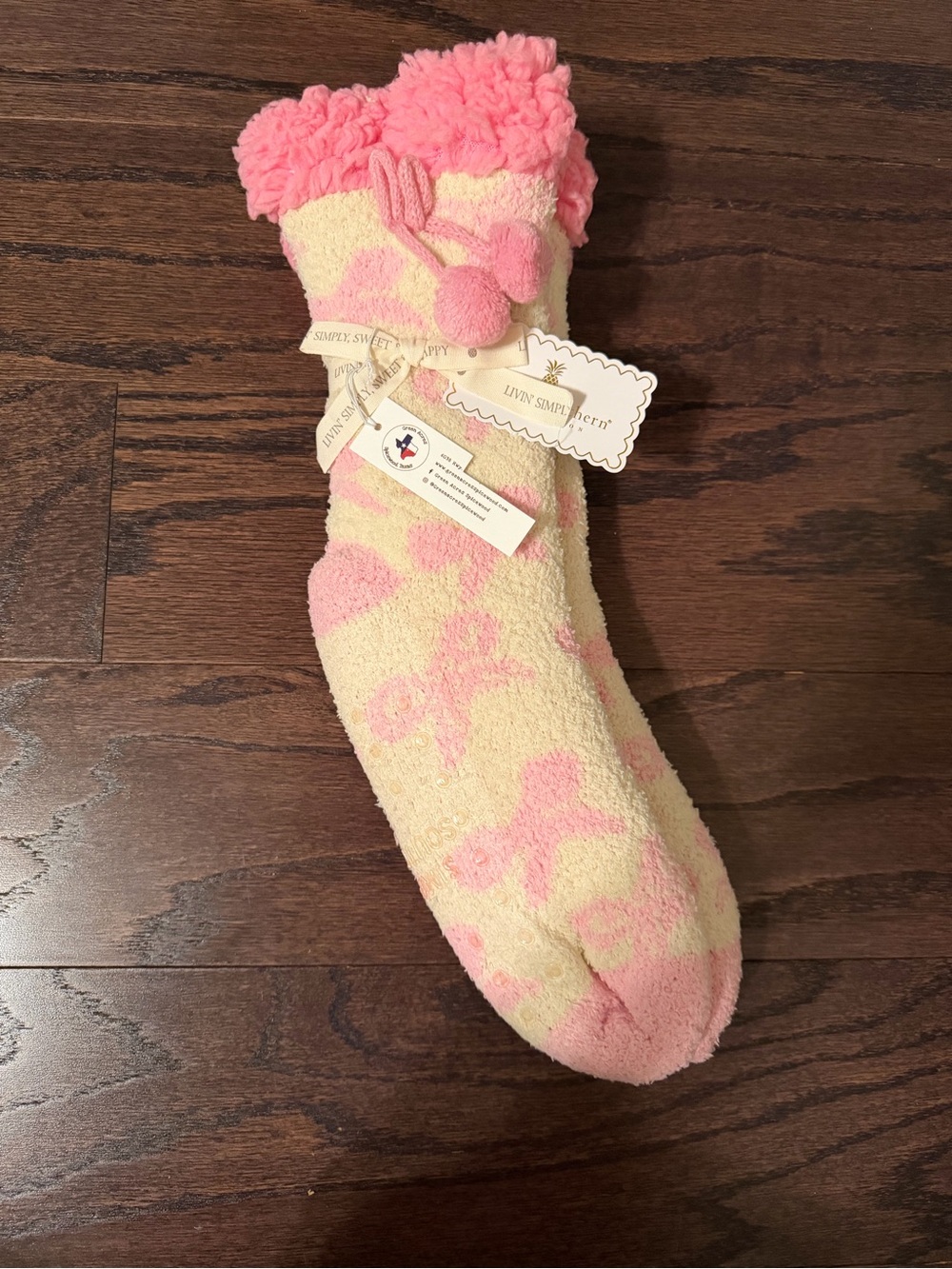 Simply Southern Fleece Pink & Cream Cozy Socks - Fuzzy Pom Pom Cuff
